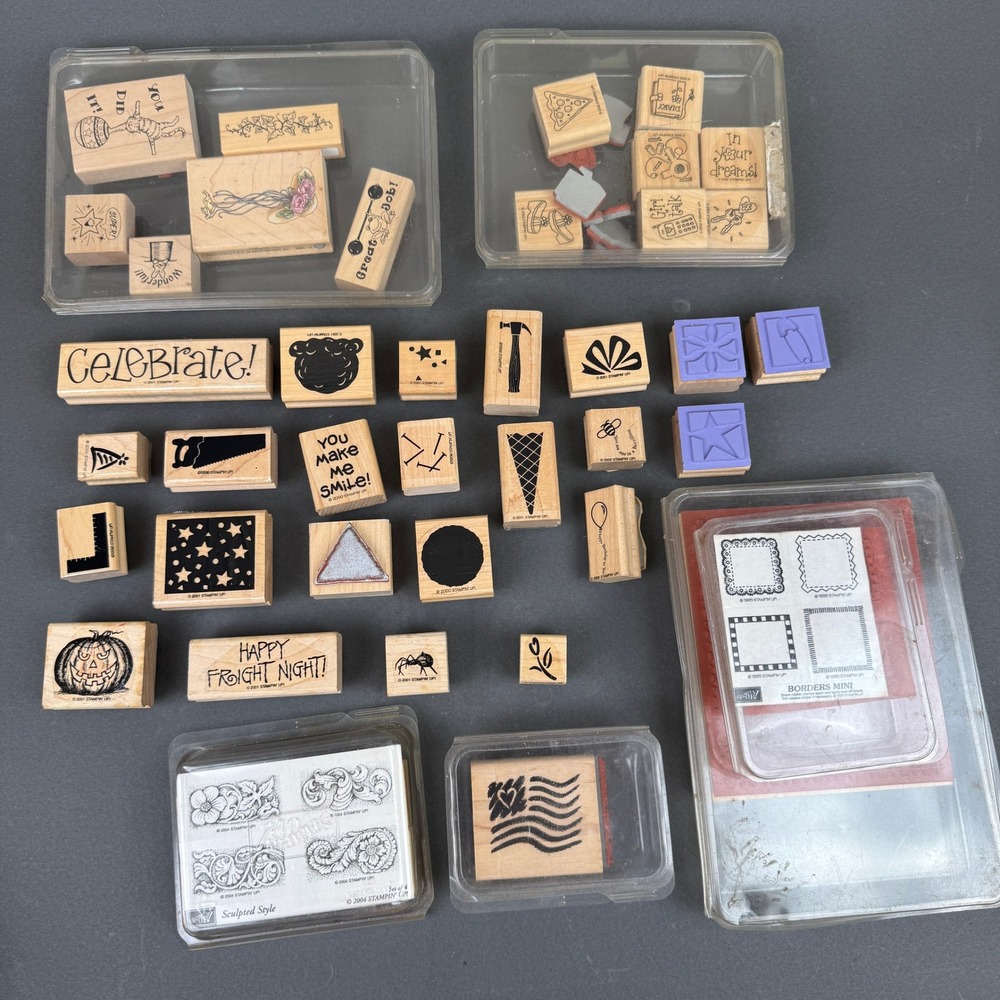 Stampin Up 41 Wood Rubber Stamp Lot Halloween, American Flag, etc...